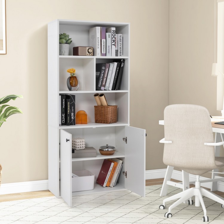 5-tier freestanding bookcase in white with open cubes, adjustable shelf, and hidden storage for home or office use.