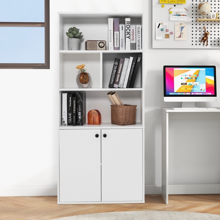5-tier white bookcase with open cubes, adjustable shelf, and cabinet doors for versatile storage in home or office.