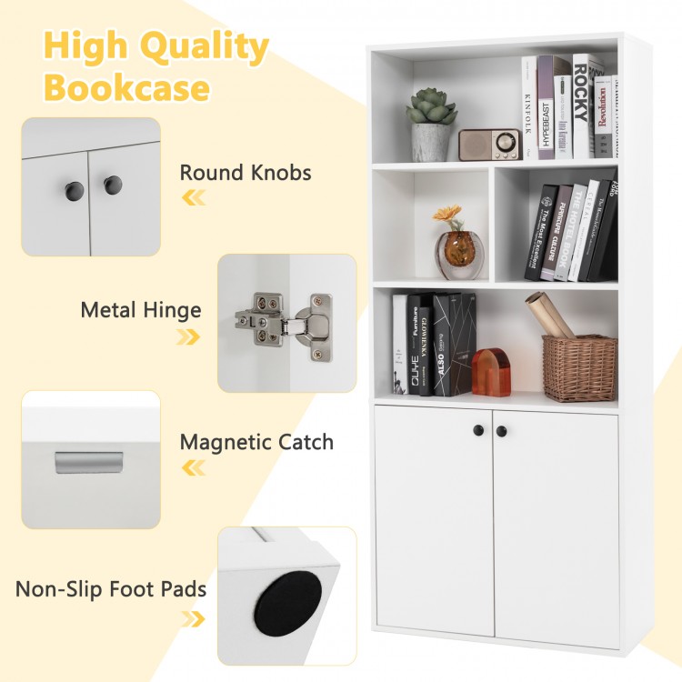 5-tier white bookcase with open cubes, adjustable shelves, and round knobs for versatile home and office storage.