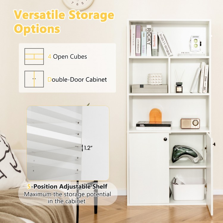 5-tier white bookcase featuring open cubes, double-door cabinet, and adjustable shelf for versatile storage solutions.