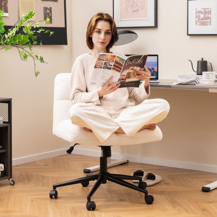 Beige cross legged chair with wheels, featuring a contemporary design and soft imitation lamb fleece for stylish.