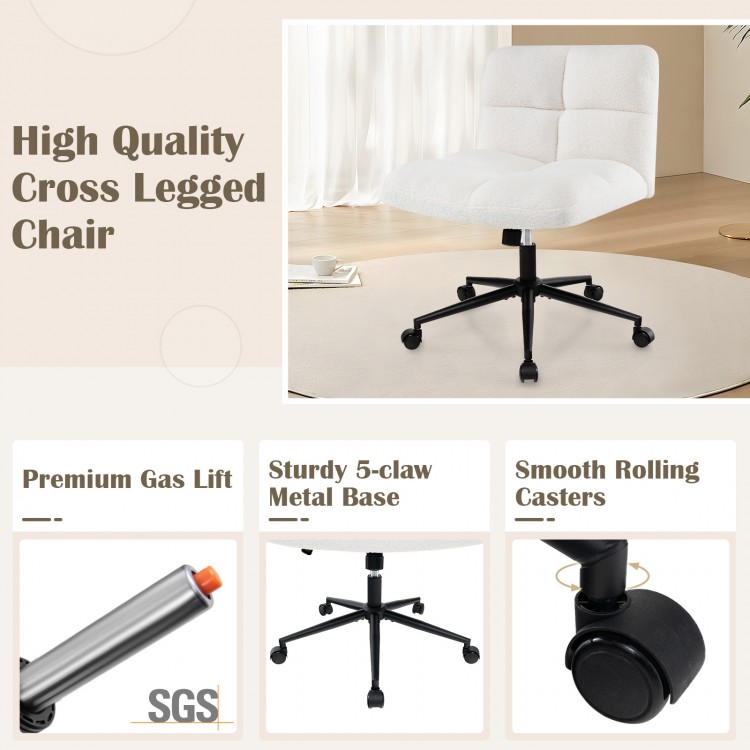 Cross legged chair with wheels in beige, featuring a padded seat and ergonomic backrest for bedroom or study use.