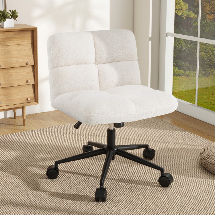 U-shaped cushion of the beige cross legged chair with wheels, designed for comfort and support in home office settings.