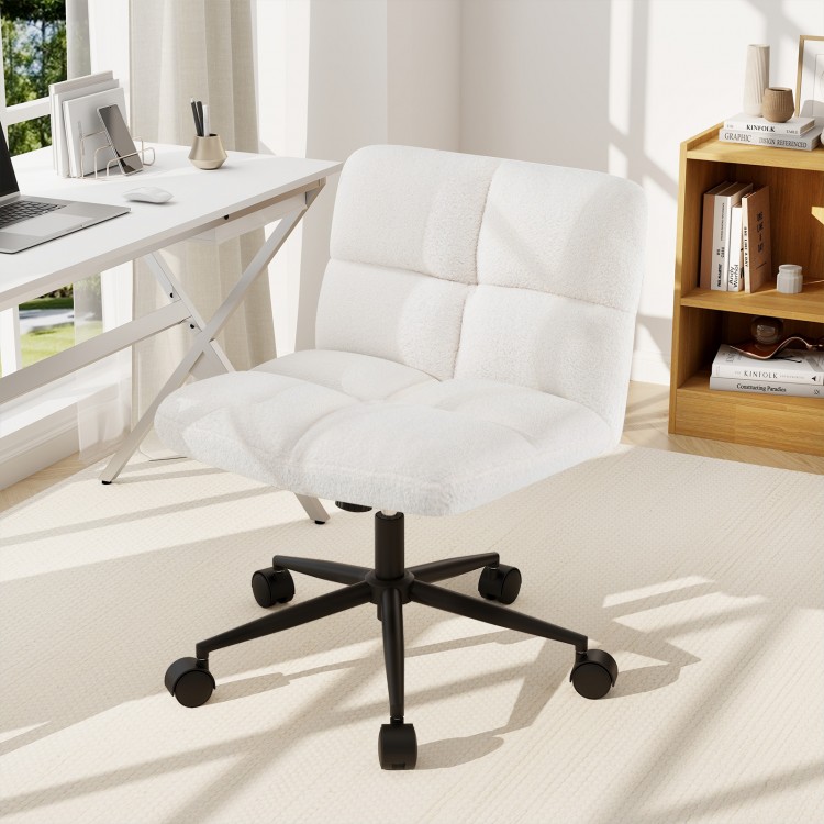 Beige cross legged chair with wheels, showcasing a sleek design and soft polyfiber for enhanced comfort in any.