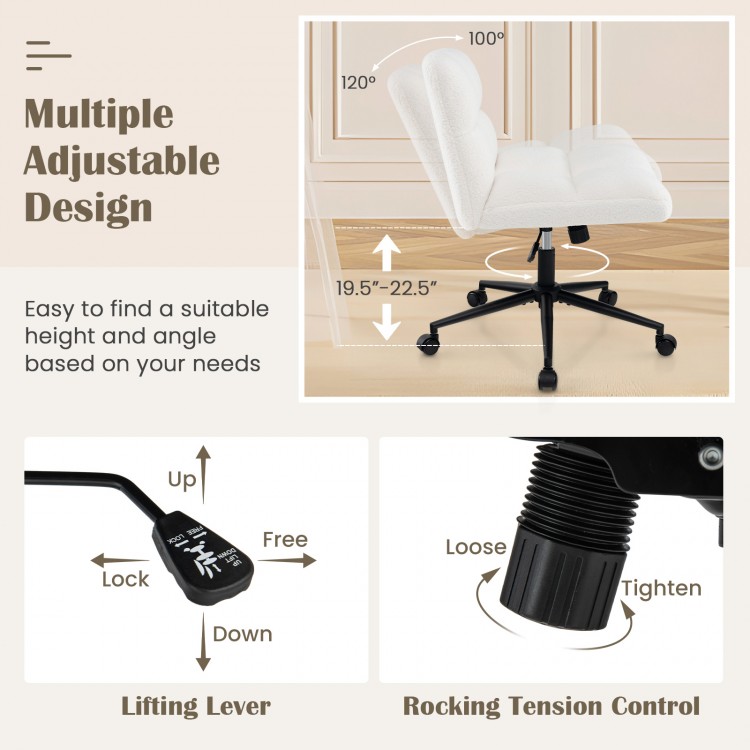 Cross legged chair with wheels in beige, featuring adjustable height, padded seat, and ergonomic backrest for comfort.
