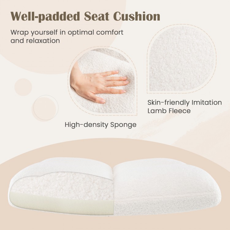 Well-padded U-shaped seat cushion in beige with imitation lamb fleece for comfort and support in a cross-legged chair.