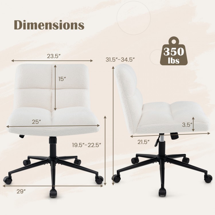 Dimensions of the beige cross legged chair with wheels, showcasing adjustable height and ergonomic design for versatile.