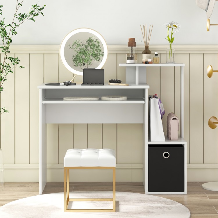 Space-saving white computer desk with pull-out keyboard tray, open shelf, and removable storage bin for compact spaces.