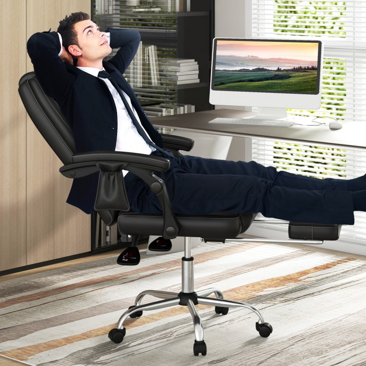 Massage adjustable executive chair in black with retractable footrest, ideal for work, rest, and relaxation.