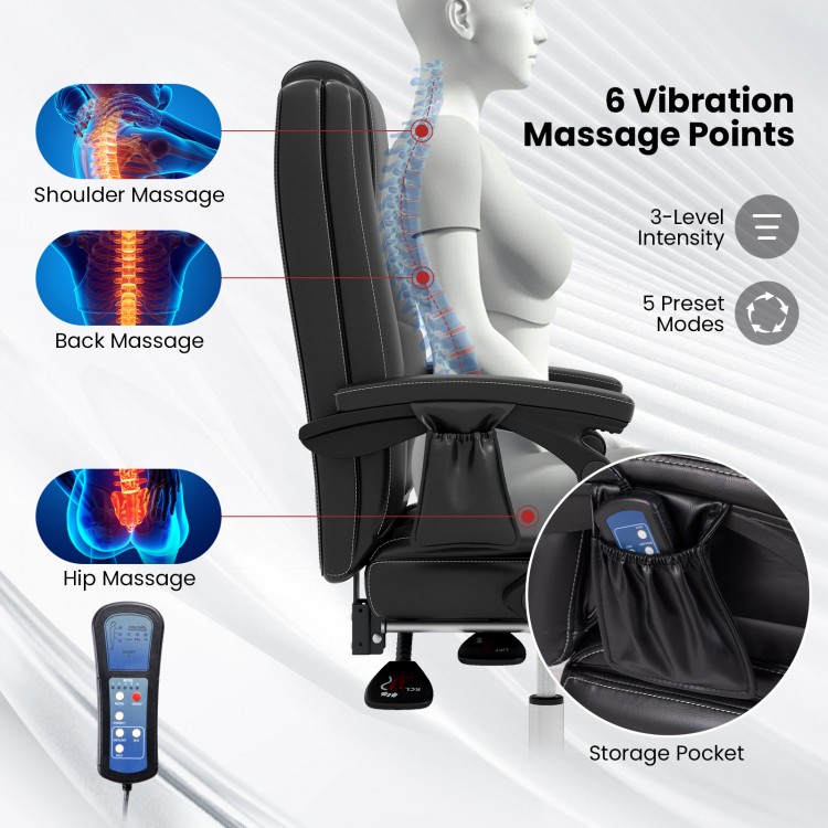 Massage adjustable executive chair in black with armrests, remote control, and retractable footrest for ergonomic.