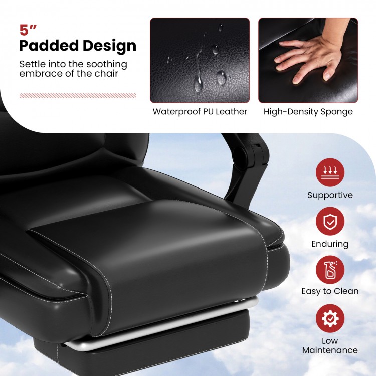 Massage adjustable executive chair with armrests, black PU leather, 5" padded seat for comfort and easy cleaning.