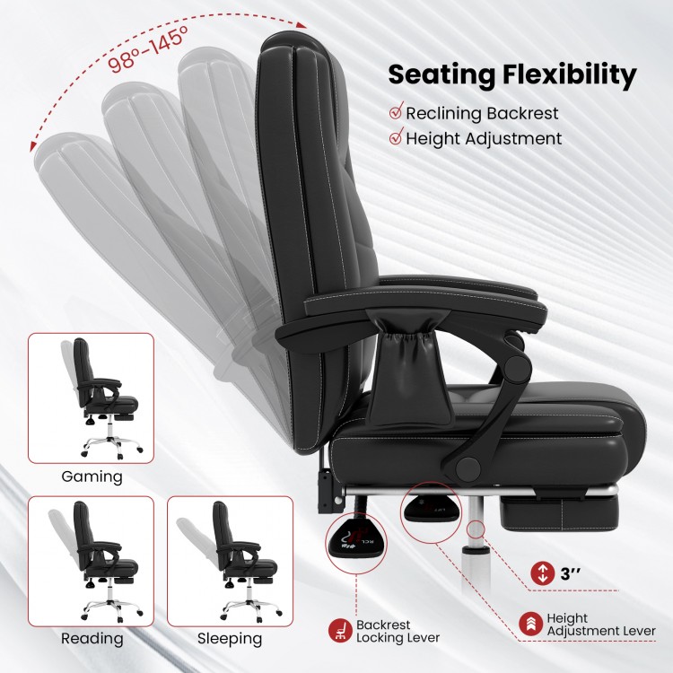 Massage adjustable executive chair in black with reclining backrest and retractable footrest for versatile seating.