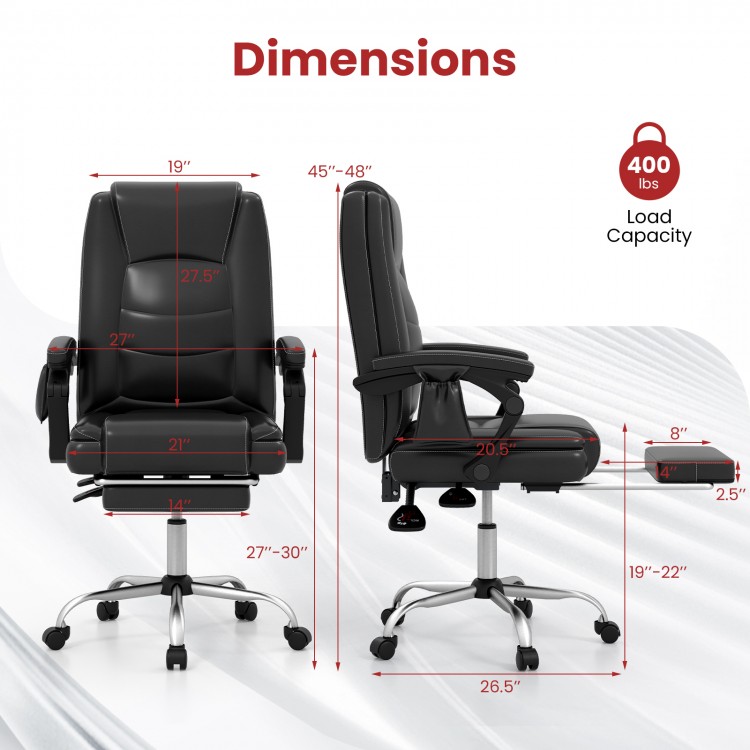 Massage adjustable executive chair in black with dimensions, featuring a retractable footrest and ergonomic design.
