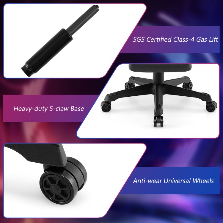 Close-up of the heavy-duty 5-claw base and anti-wear universal wheels of the ergonomic gaming chair for stability and.