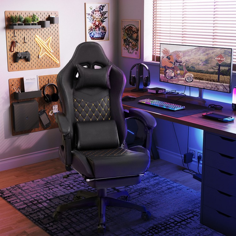 Ergonomic black video game computer chair with headrest and lumbar pillow, featuring a reclining function and.