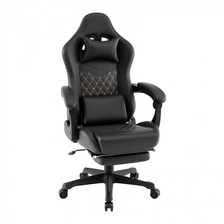 Ergonomic black video game chair with headrest, lumbar pillow, and adjustable features for ultimate comfort and support.