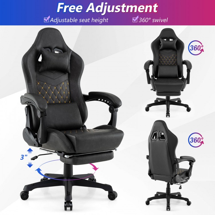 Ergonomic black gaming chair with adjustable height, 360° swivel, and lumbar pillow for ultimate comfort and support.