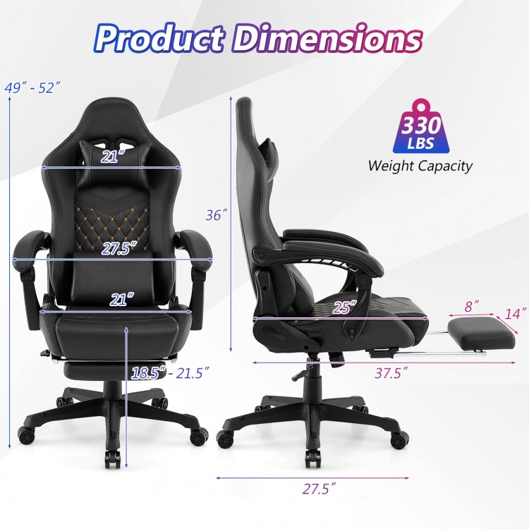 Dimensions of the Ergonomic Video Game Computer Chair in black, featuring adjustable height and reclining footrest.