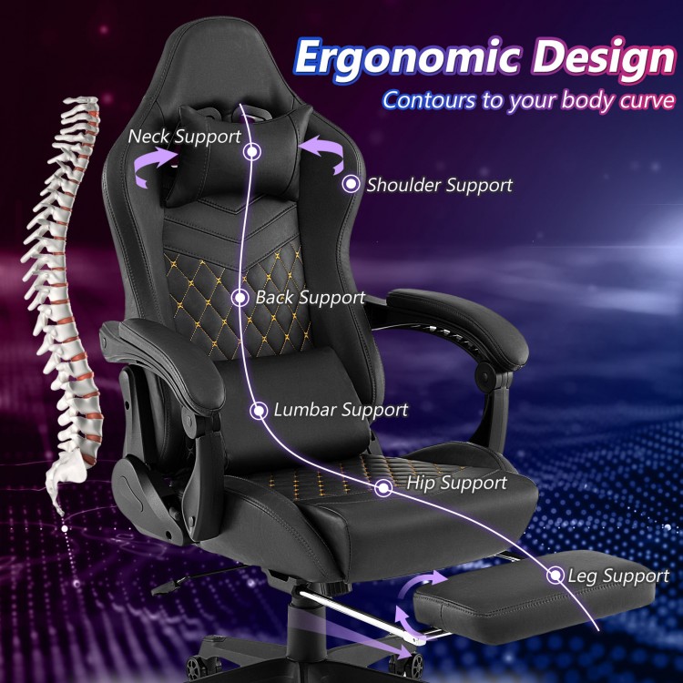 Ergonomic video game chair in black with headrest and lumbar pillow, featuring adjustable height and reclining footrest.
