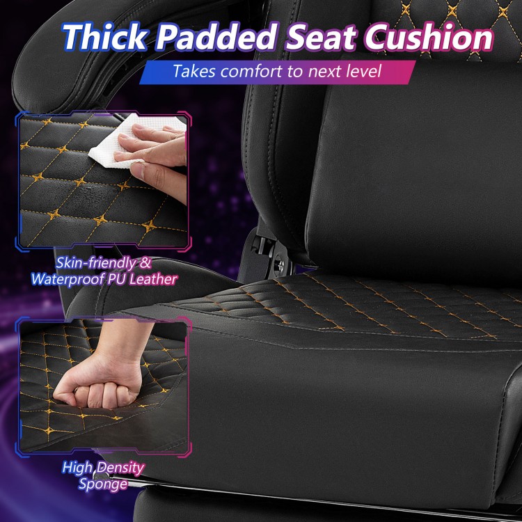 Thick padded seat cushion of the ergonomic black gaming chair, featuring waterproof PU leather for enhanced comfort.