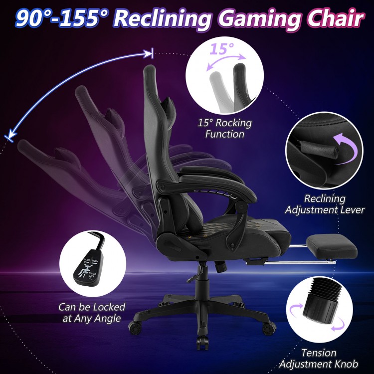 Ergonomic black gaming chair with reclining feature, retractable footrest, and lumbar pillow for ultimate comfort.