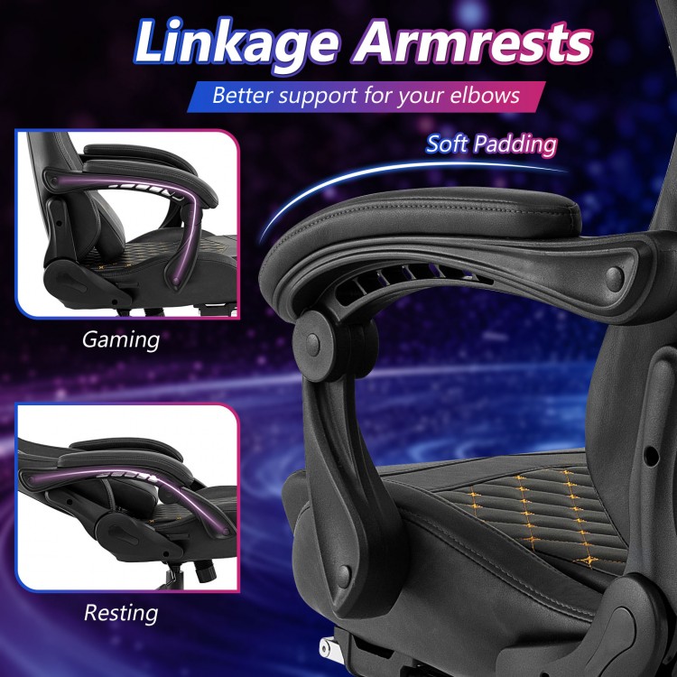Linkage armrests with soft padding on the ergonomic black gaming chair for enhanced elbow support during gaming.