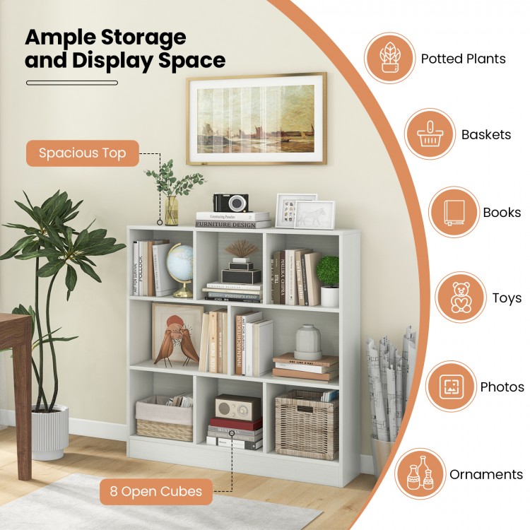 Freestanding 8-cube bookcase in white, featuring spacious top for potted plants and toys, ideal for kids' rooms.