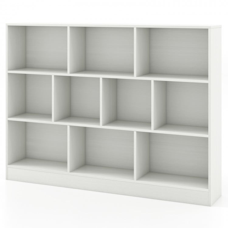Wooden toy storage organizer with 10 open cubes in white, ideal for classrooms and nurseries, providing ample storage.