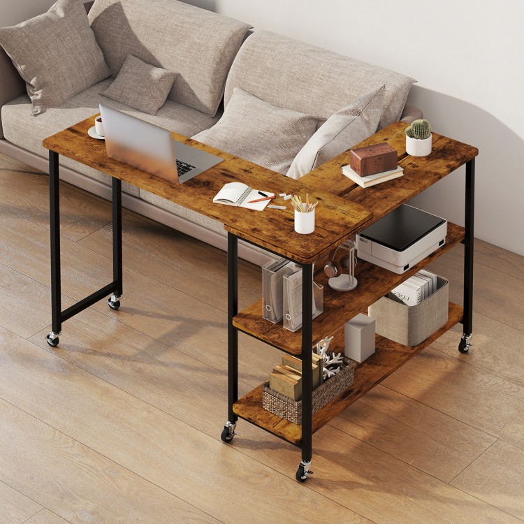 Large brown sofa side table with wheels, featuring a spacious desktop and 2-tier storage shelf for versatile use.