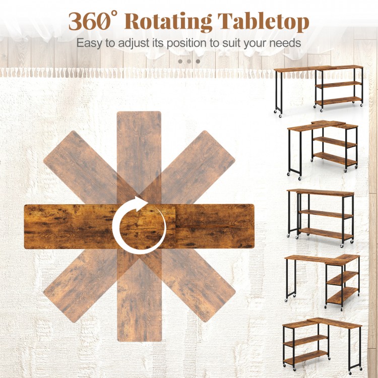 360-degree rotating brown sofa side table with wheels, featuring a spacious desktop and 2-tier storage shelf for.