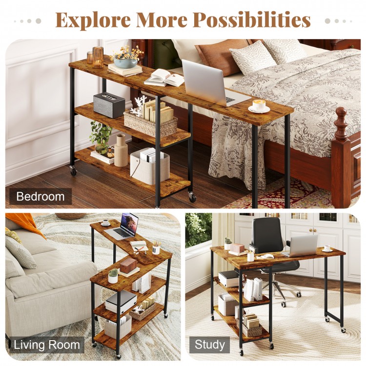 360-degree rotating brown sofa side table with wheels and storage shelf, ideal for living room or study use.