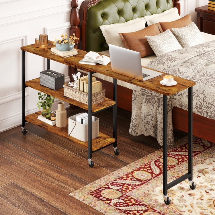 Brown 360-degree rotating sofa side table with wheels, showcasing a spacious desktop and open shelves for easy access.