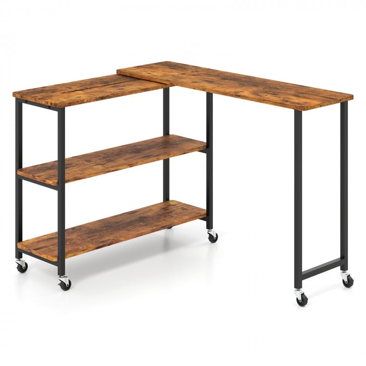Large 360-degree rotating sofa side table in brown with wheels and 2-tier storage shelves for versatile use.