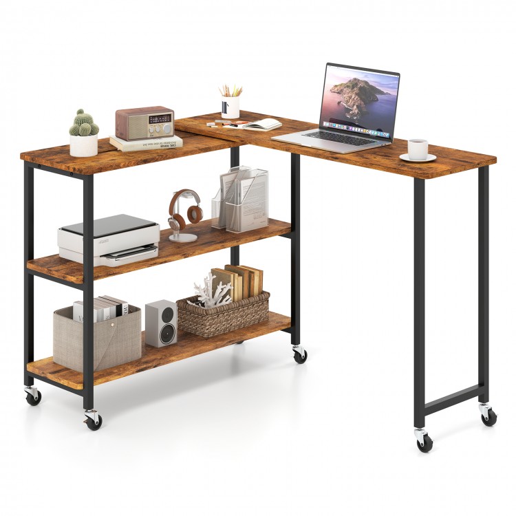 Large brown rotating sofa side table with wheels, featuring a spacious desktop and 2-tier storage shelves for versatile.