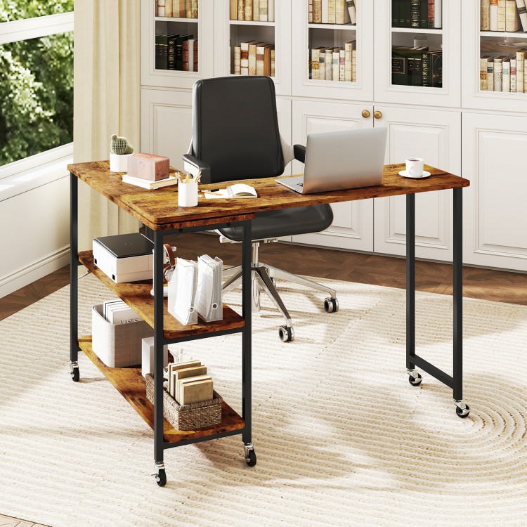 Brown 360-degree rotating side table with wheels and open shelves, perfect as a laptop desk or entryway table.
