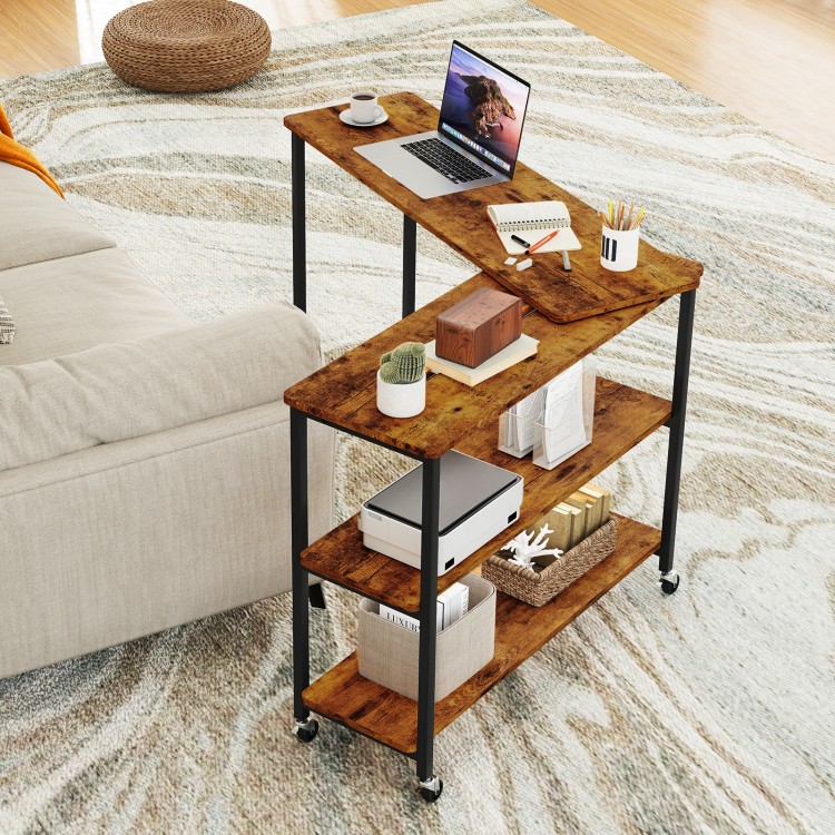Brown 360-degree rotating sofa side table with wheels, featuring a spacious top and 2-tier storage shelves for.