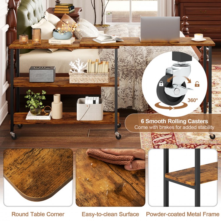 Brown 360-degree rotating sofa side table with wheels, featuring a spacious desktop and 2-tier storage shelf for.