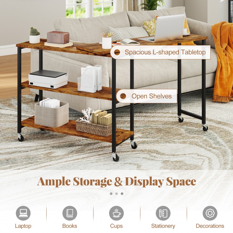 Spacious L-shaped tabletop side table in brown with open shelves and wheels for easy mobility and versatile use.