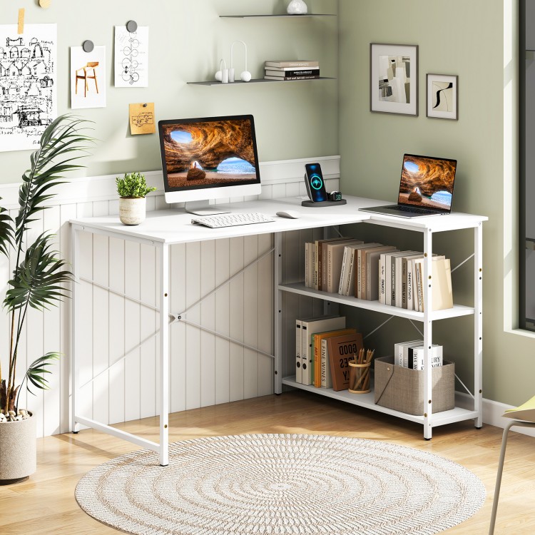 L-shaped 47-inch white corner desk with adjustable shelves, built-in charging station, perfect for home offices.