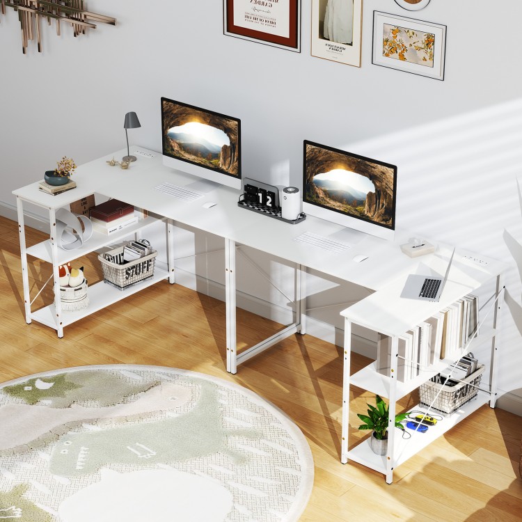 L-shaped 47-inch reversible corner desk in white with adjustable shelves, ideal for maximizing corner space in offices.