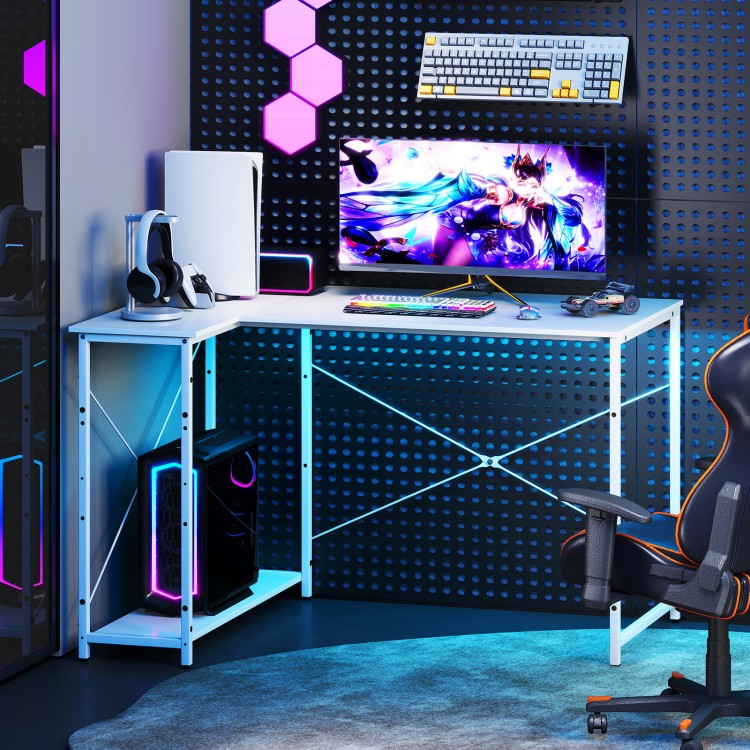 L-shaped 47-inch corner desk in white with adjustable shelves and built-in charging station, perfect for home offices.