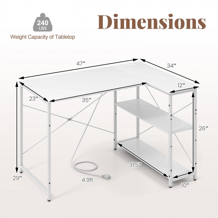 L-shaped 47-inch corner desk in white with adjustable shelves and built-in charging station for home office use.