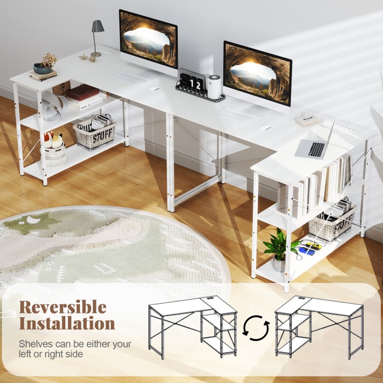 L-shaped 47-inch corner desk featuring adjustable shelves on either side, perfect for optimizing office space and.