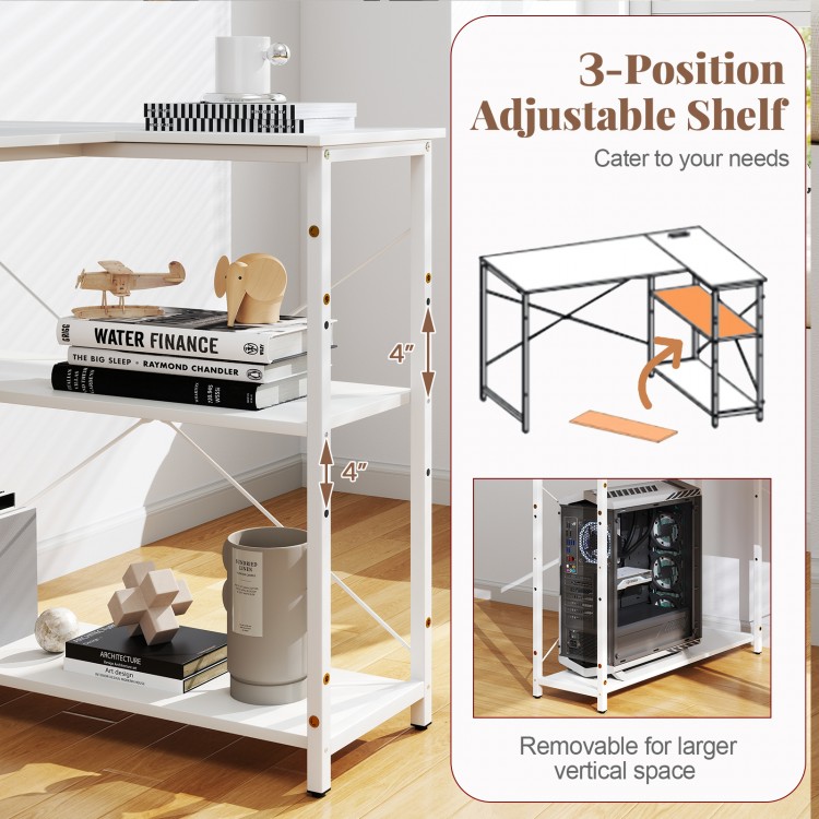 L-shaped 47-inch corner desk with adjustable shelves, featuring a built-in charging station for convenient device.