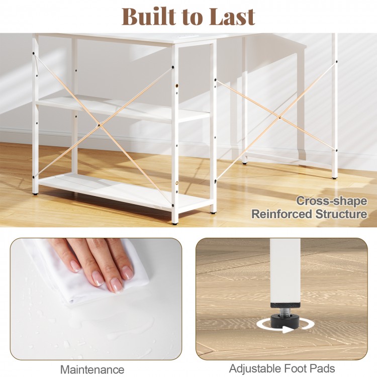 L-shaped 47-inch corner desk with adjustable shelves, built-in charging station, and heavy-duty metal frame for office.