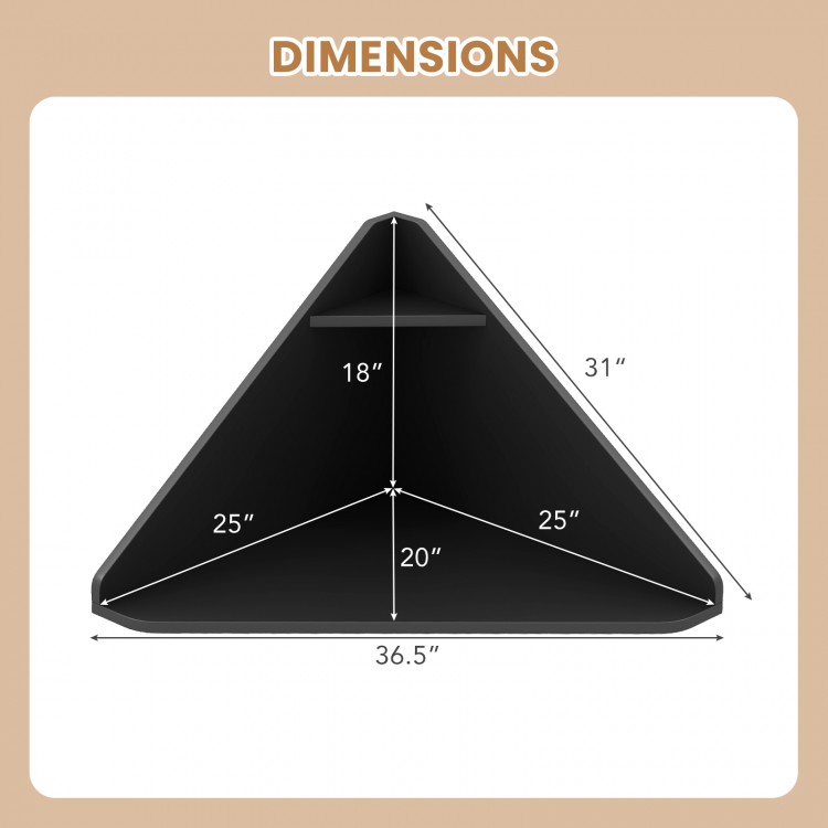 Dimensions of the black floating triangular corner computer desk with storage shelf, measuring 36.5" x 31" x 25".
