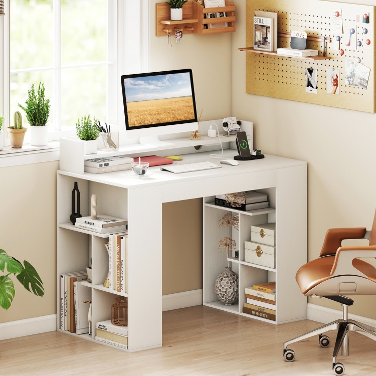 43-inch white computer desk showcasing a spacious tabletop and dual 3-tier bookcases for efficient office organization.