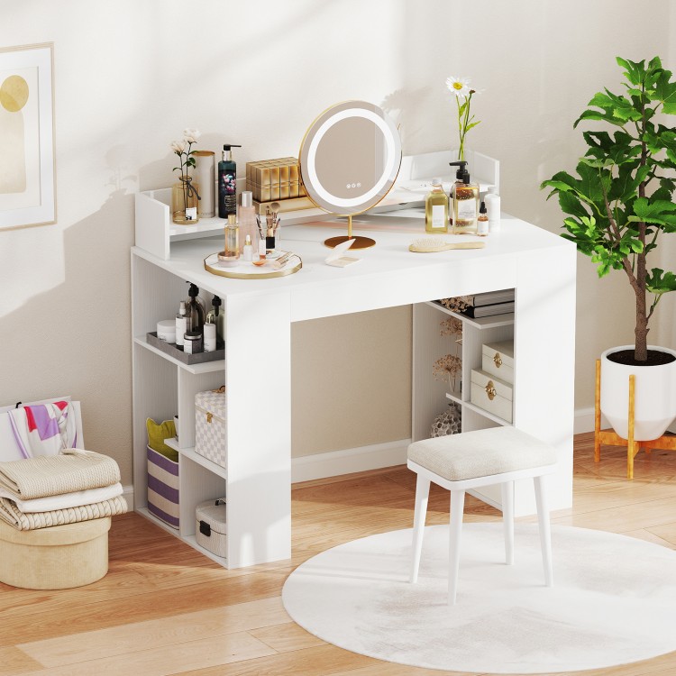 43-inch white computer desk with built-in power outlets, spacious tabletop, and dual geometric bookcases for organized.