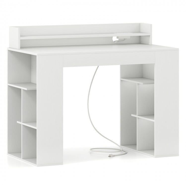 43-inch white computer desk with built-in power outlets, cable management, and dual 3-tier bookcases for organized.