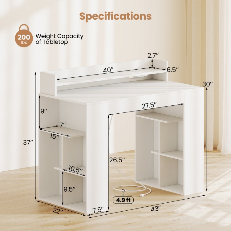 43-inch white computer desk with built-in power outlets and dual bookcases, featuring spacious tabletop and cable.